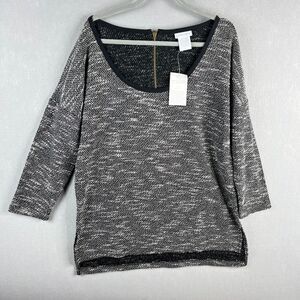 Soft Surroundings Knit Top Womens Large White Black Scoop Neck Marled Back Zip